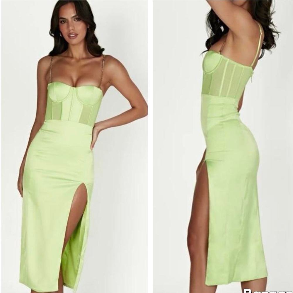 Meshki TALISA Chain Strap Side Split Corset Midi Dress Pistachio Green in SMALL